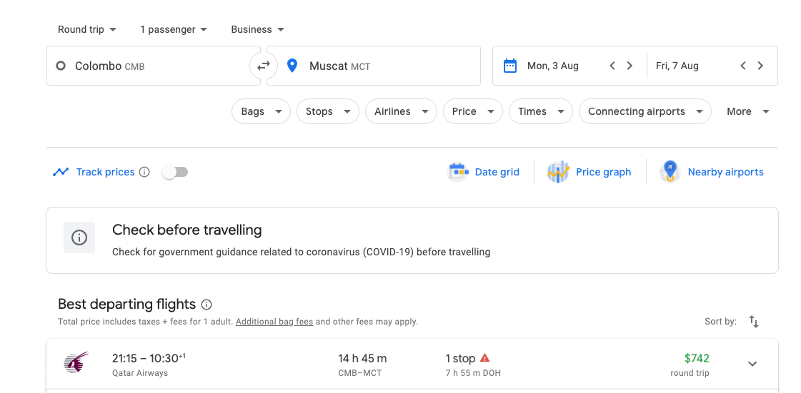 Google Flights Qatar Airways business class from Colombo to Muscat at $742 return
