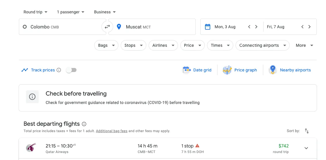 Google Flights Qatar Airways business class from Colombo to Muscat at $742 return
