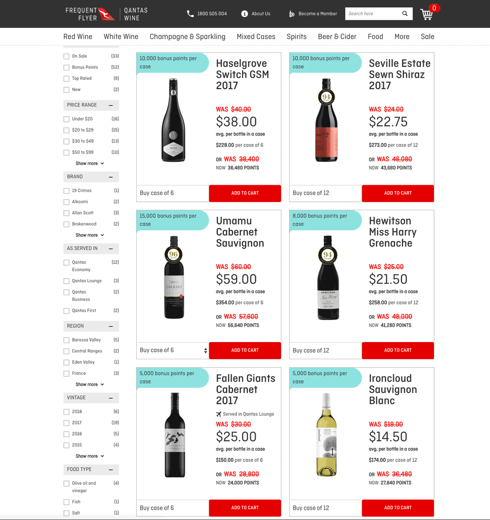 Qantas Wine listing of wine cases with bonus Qantas Points per case