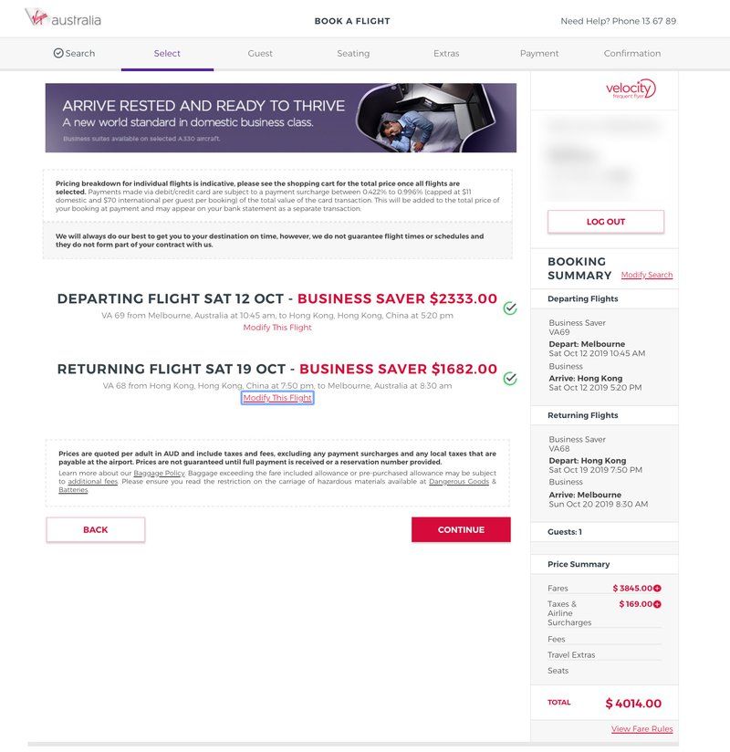 Virgin Australia business class booking from Melbourne to Hong Kong totalling $4,014