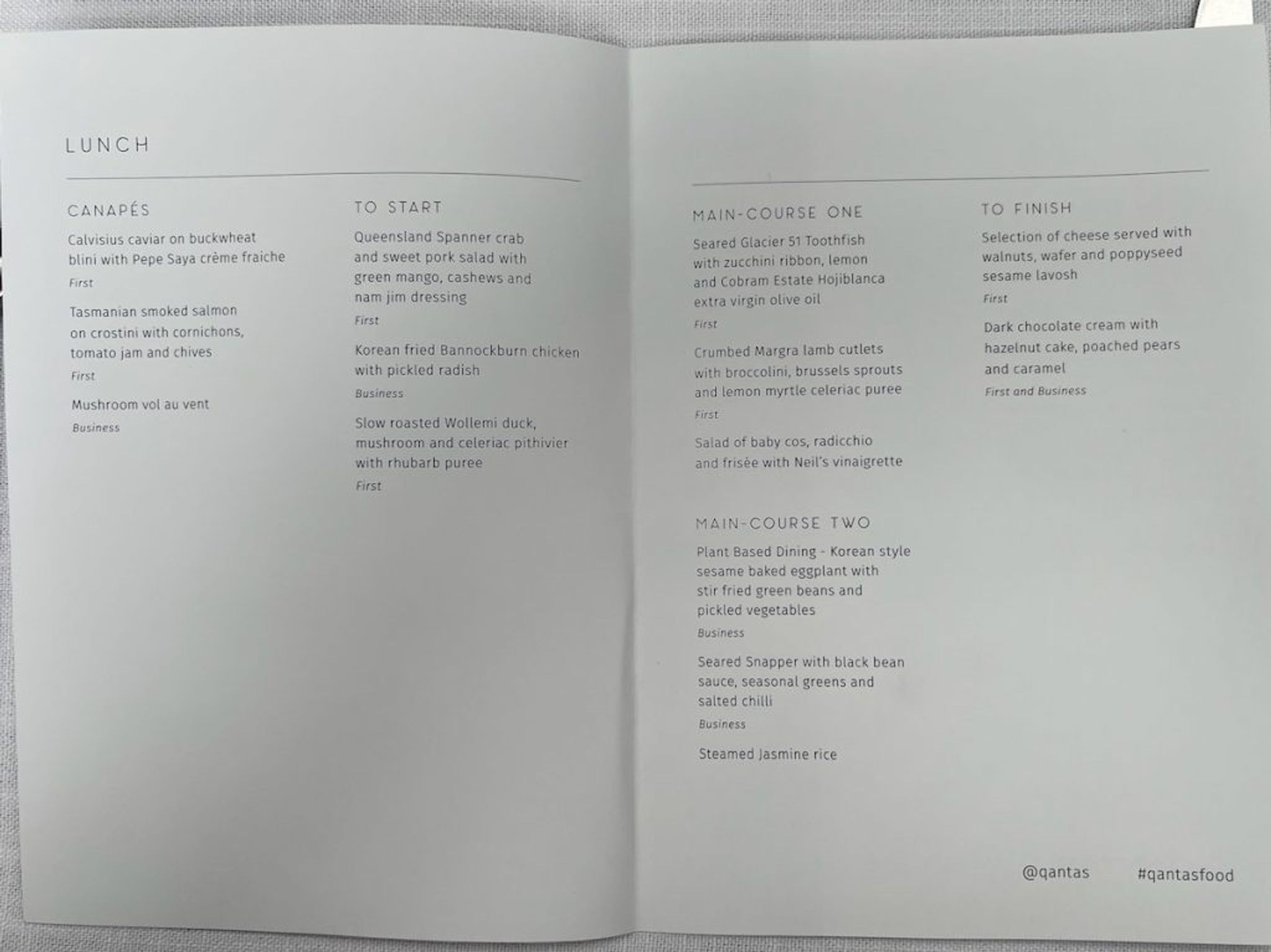 Qantas premium cabin lunch menu