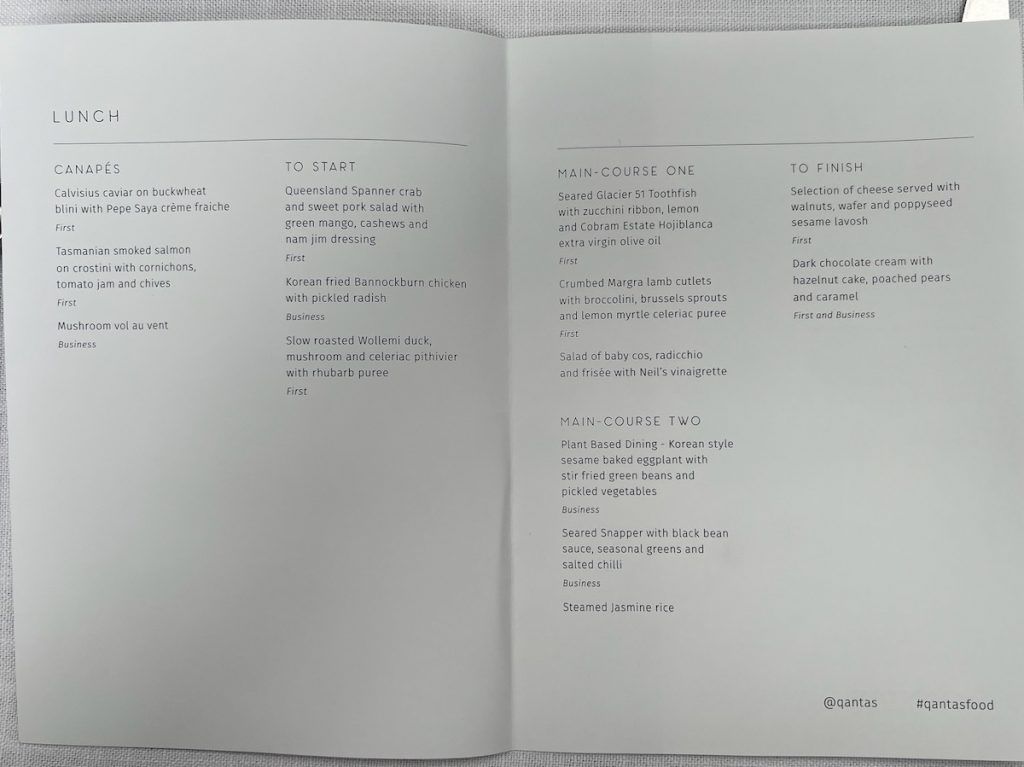 Qantas premium cabin lunch menu