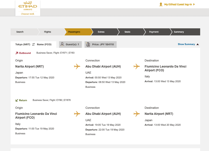 Etihad business class booking from Tokyo to Rome via Abu Dhabi
