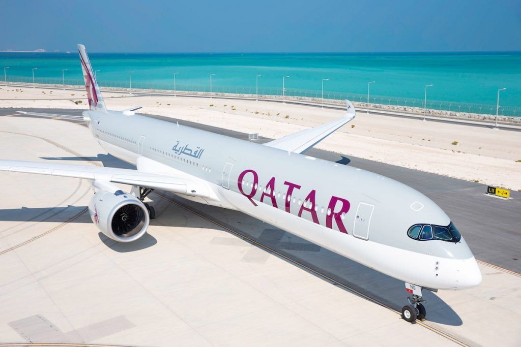 Qatar Airways Airbus A350 parked beside the sea