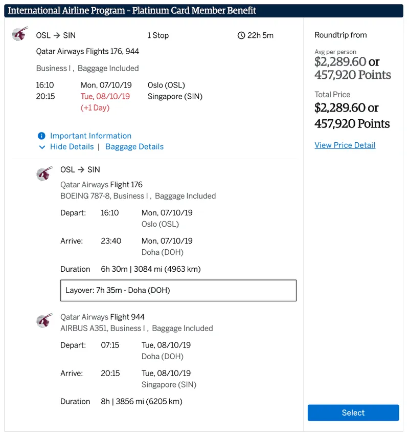 Amex International Airline Program fare for Qatar Airways business class from Oslo to Singapore