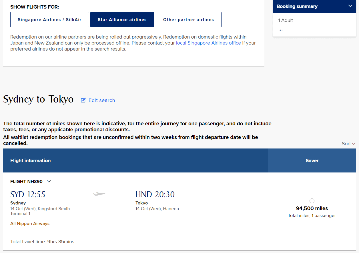KrisFlyer Star Alliance Sydney to Tokyo