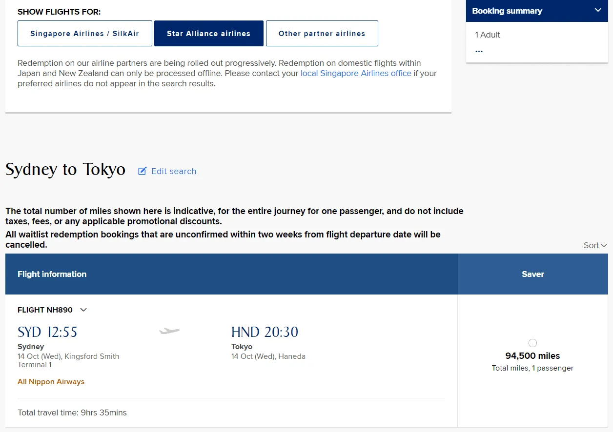 KrisFlyer Star Alliance Sydney to Tokyo