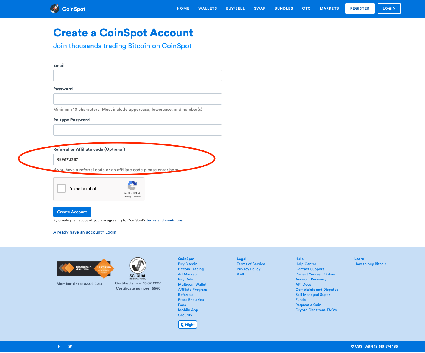 CoinSpot account sign-up form with the referral code field circled