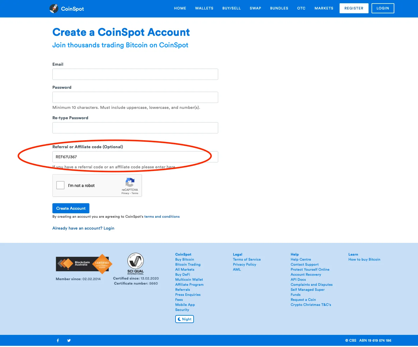 CoinSpot account sign-up form with the referral code field circled