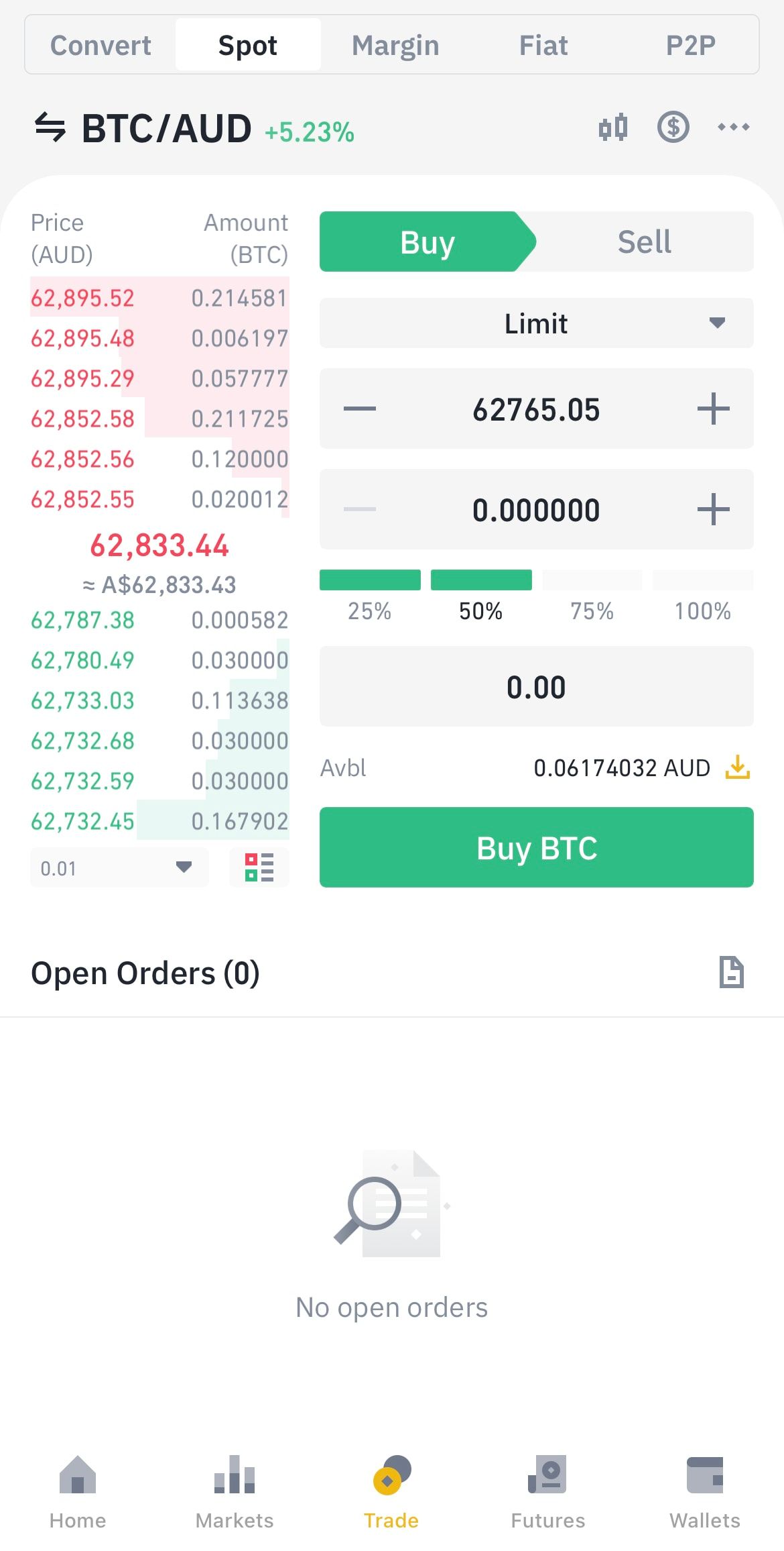 Binance app buy order screen for BTC/AUD using a limit order