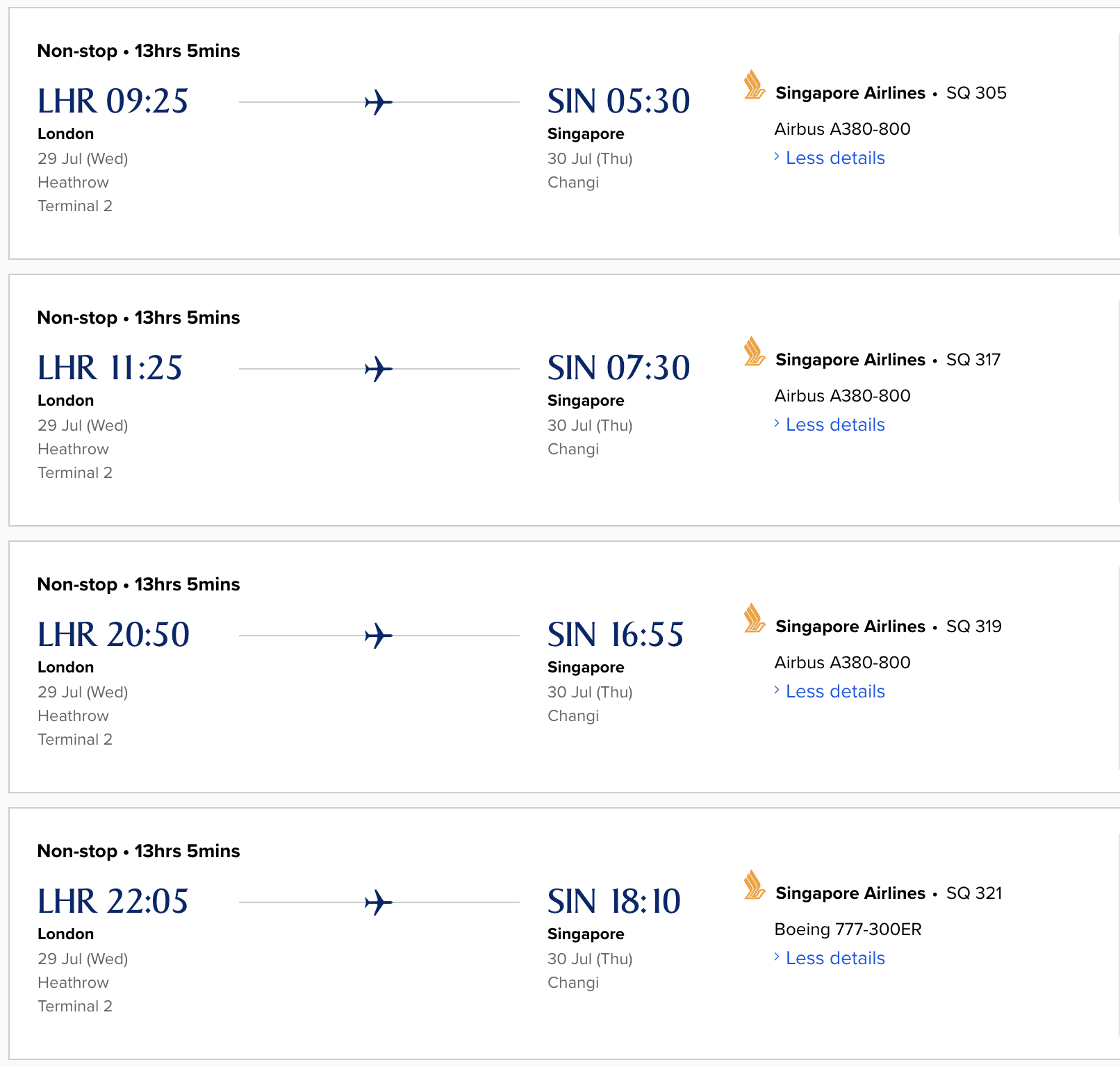 Singapore Airlines New A380 First Class London to Singapore Schedule