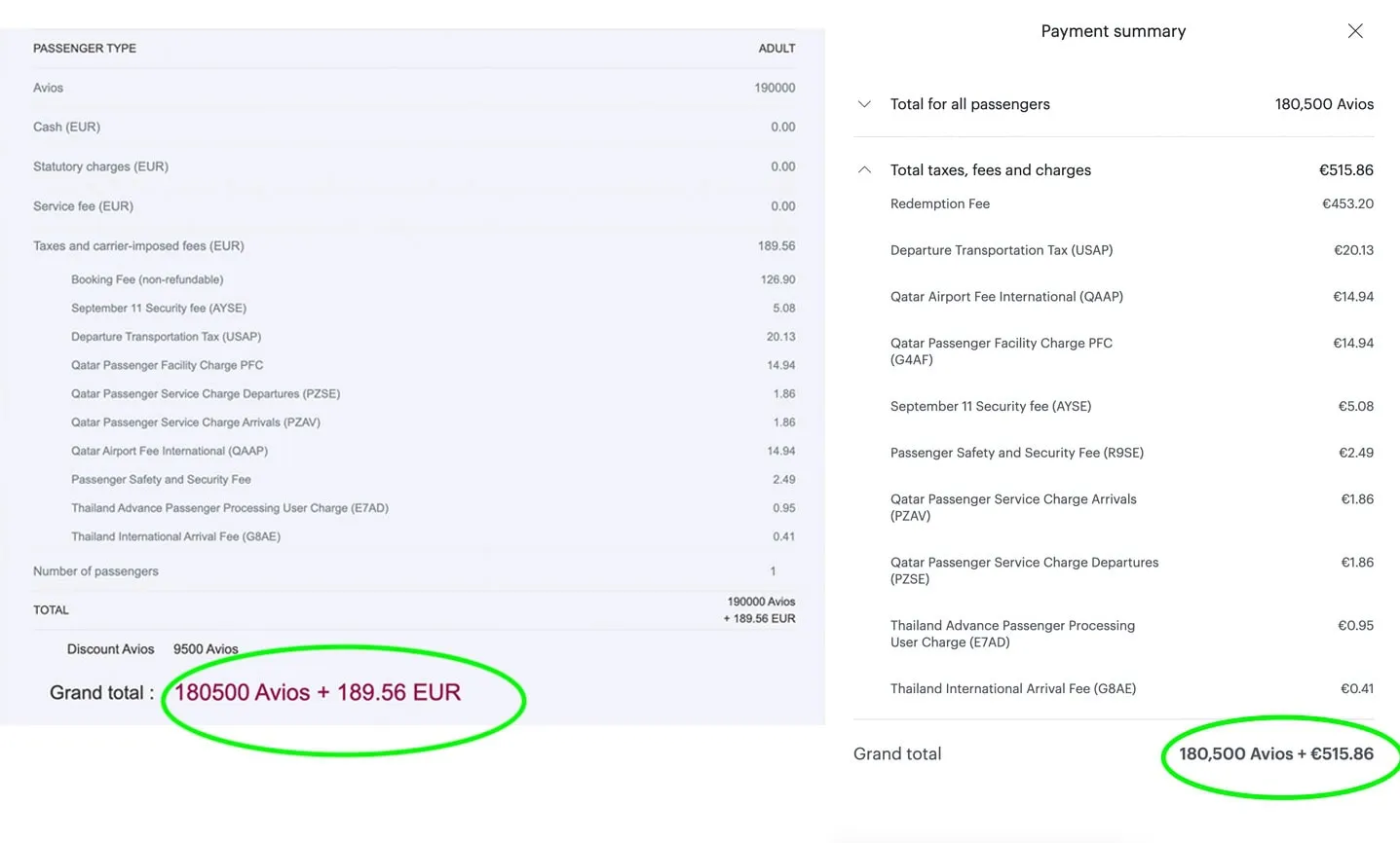 Qatar Airways award taxes before and after the fee increase, with grand totals circled