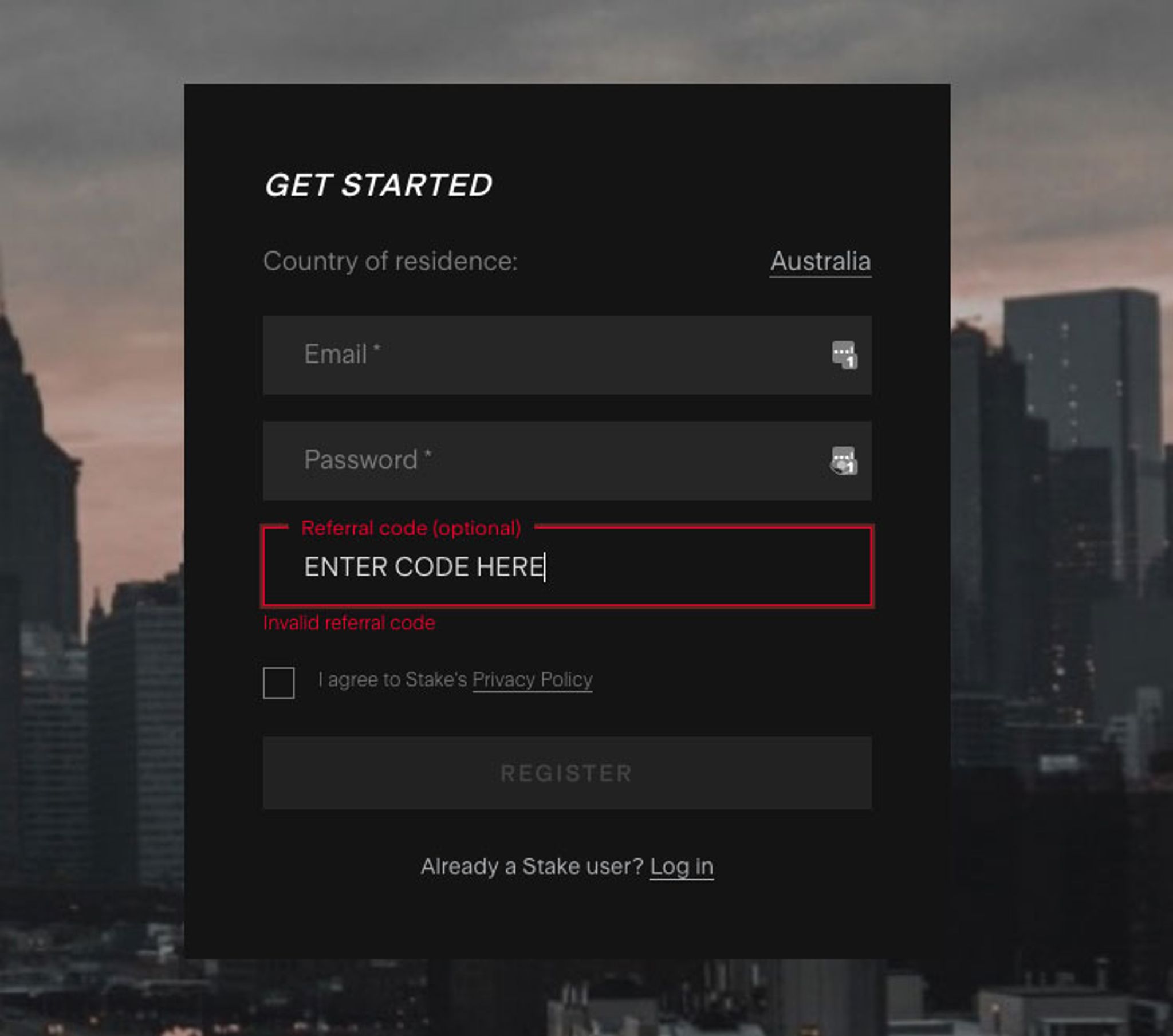 Stake sign-up form with the referral code field