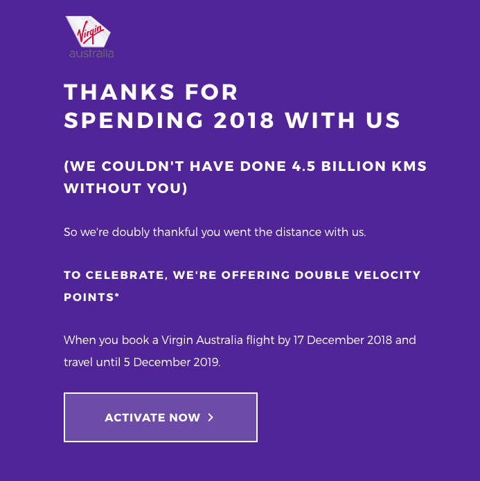Virgin Australia email offering double Velocity Points on flights booked by 17 December 2018