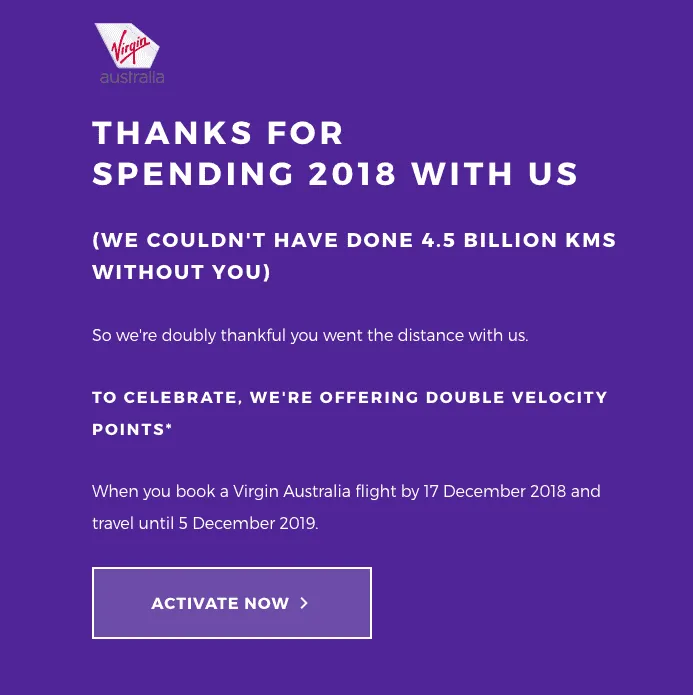 Virgin Australia email offering double Velocity Points on flights booked by 17 December 2018