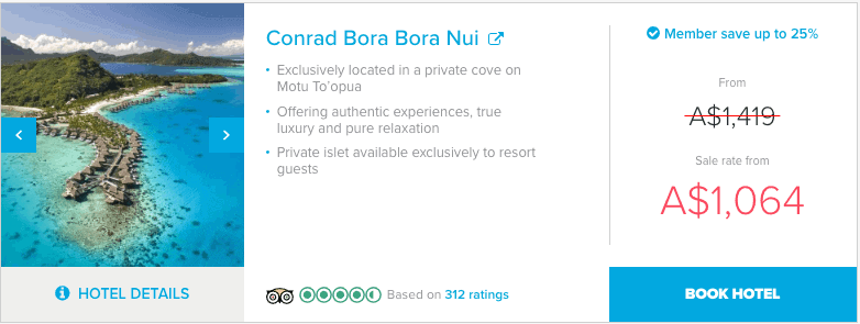 Hilton sale listing for Conrad Bora Bora Nui from A$1,064, down from A$1,419