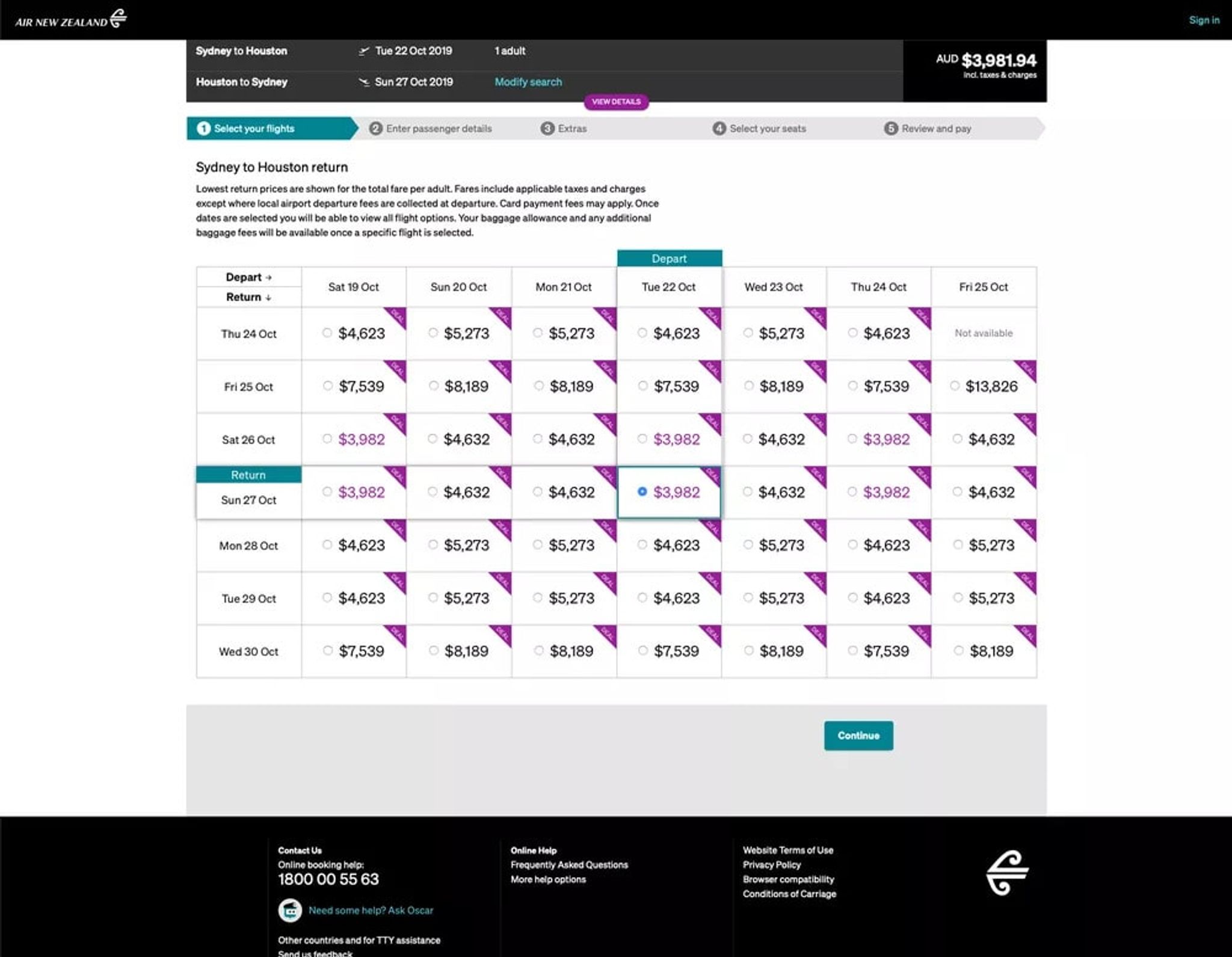 Air New Zealand fare calendar for Sydney to Houston return in business class