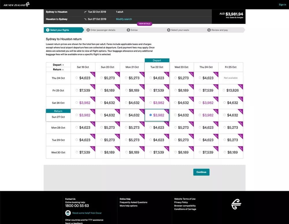 Air New Zealand fare calendar for Sydney to Houston return in business class
