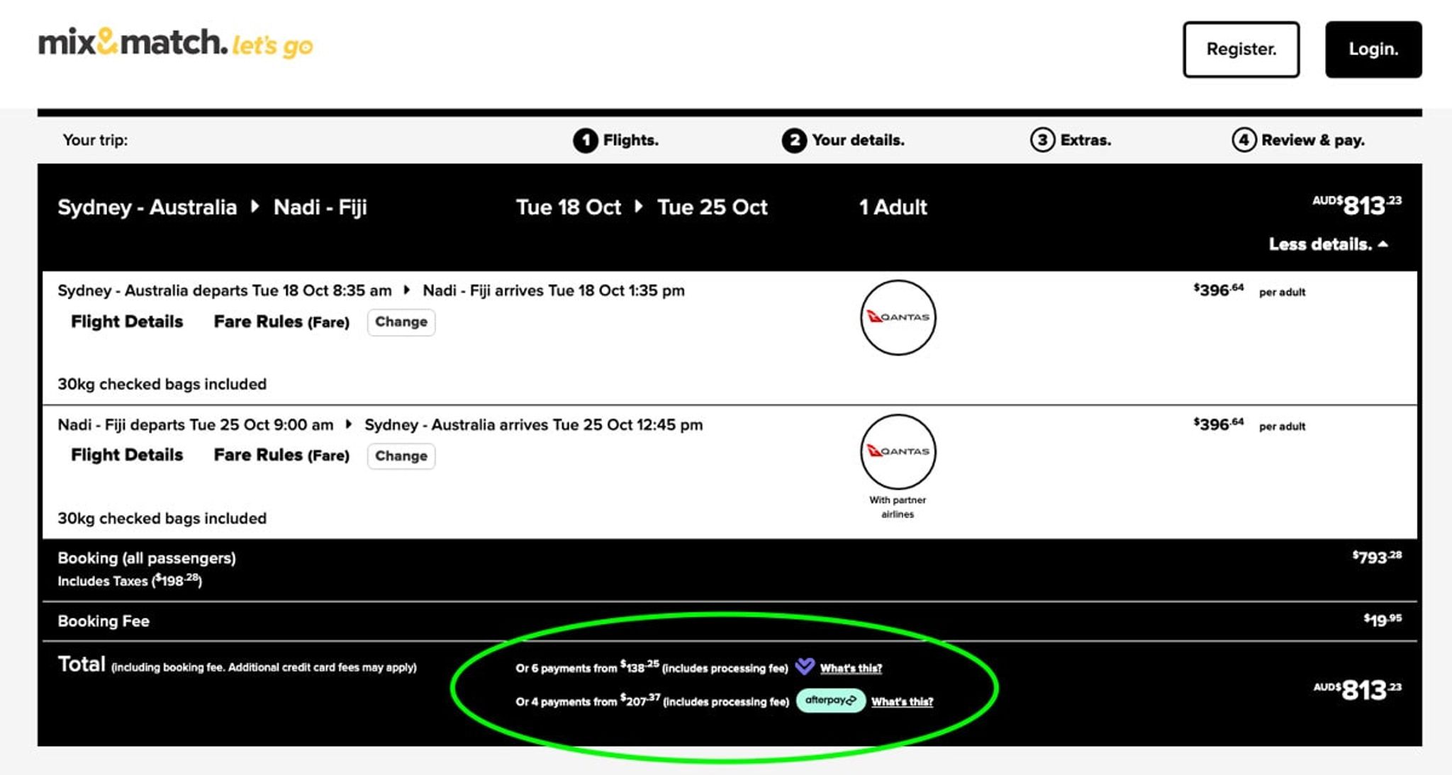 Mix&Match booking summary for Sydney to Nadi flights with Afterpay and Laybuy payment options circled