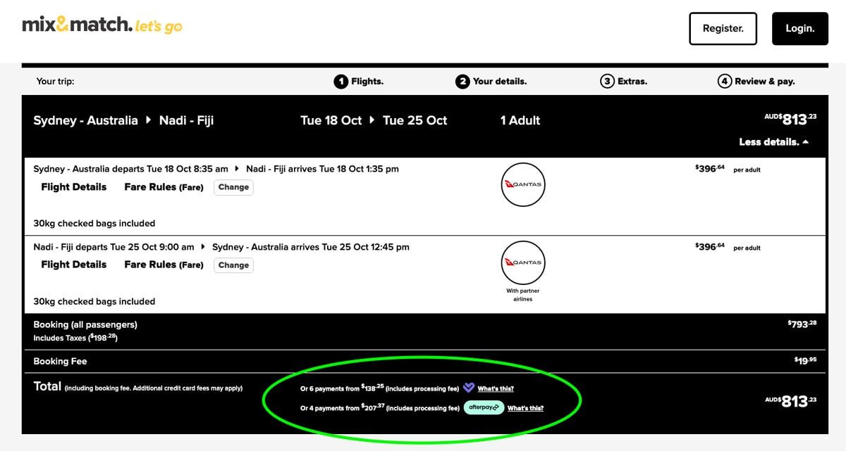Mix&Match booking summary for Sydney to Nadi flights with Afterpay and Laybuy payment options circled