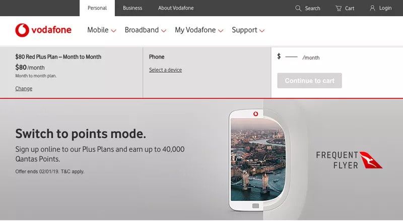 Vodafone website banner offering up to 40,000 Qantas Points on Plus Plans