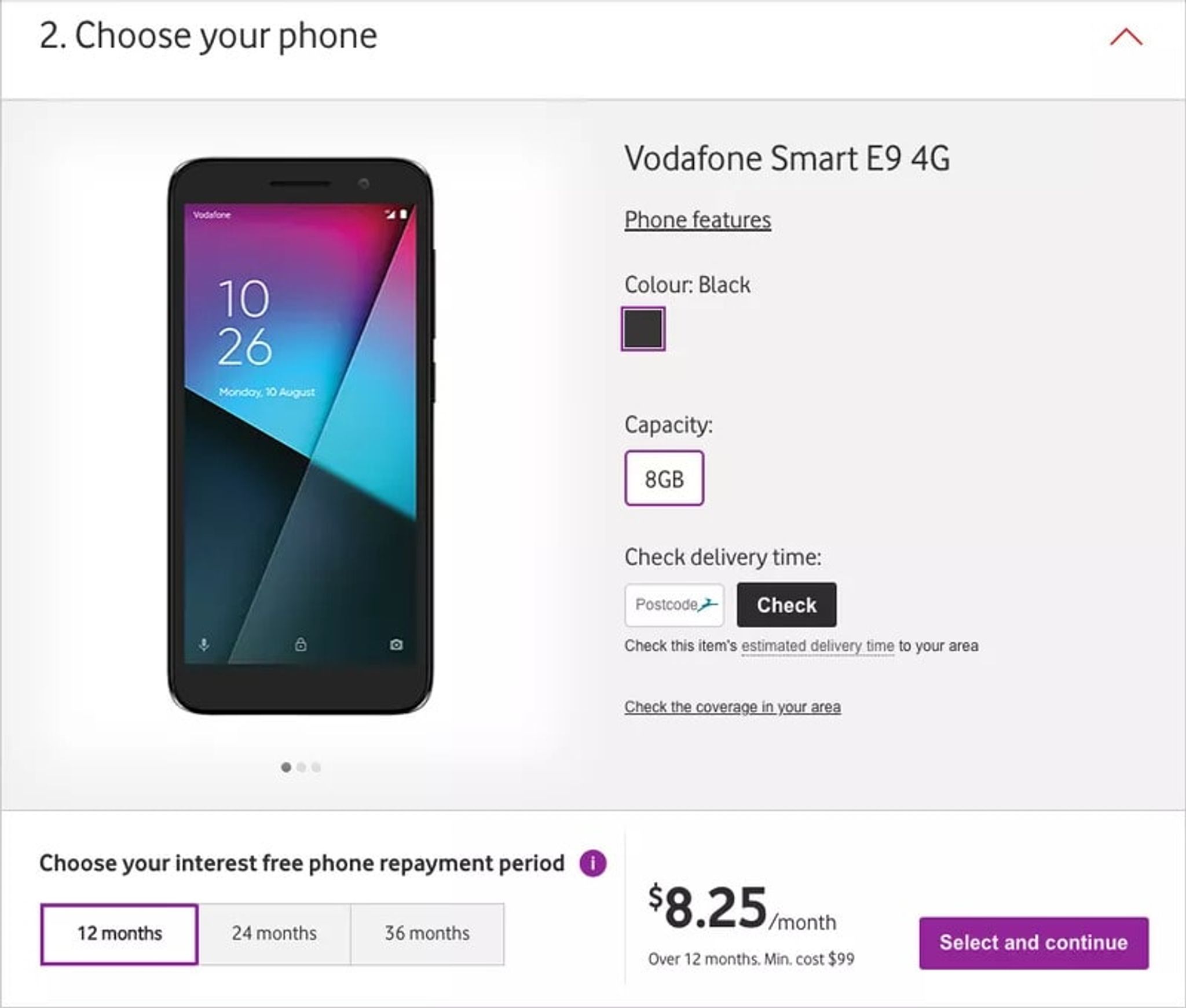 Vodafone checkout step to choose the Vodafone Smart E9 4G phone and repayment period