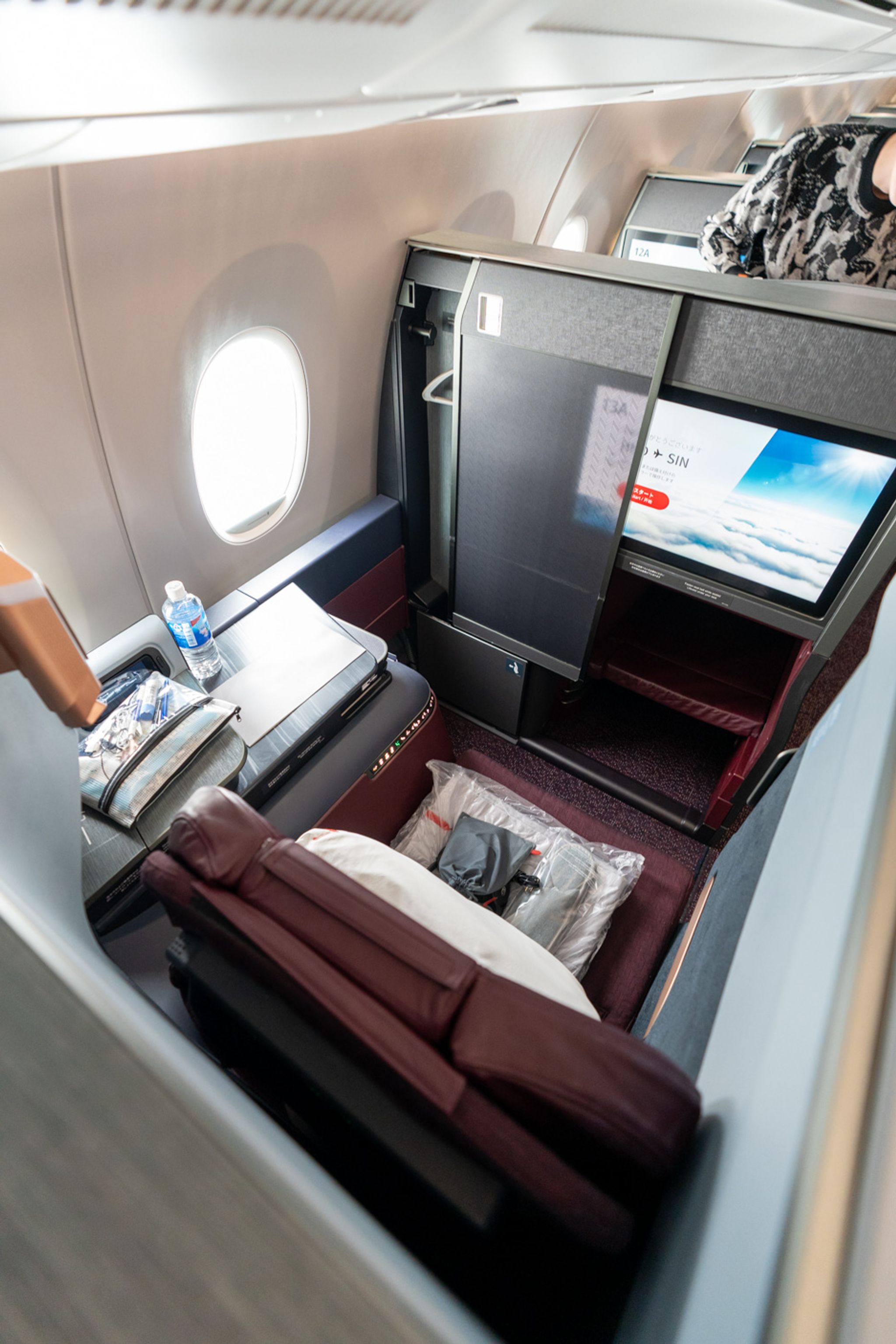 Japan Airlines A350-1000 business class suite with privacy walls and screen