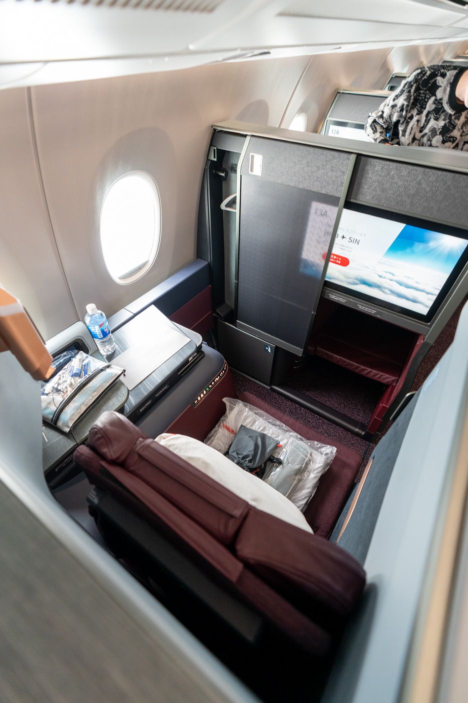 Japan Airlines A350-1000 business class suite with privacy walls and screen