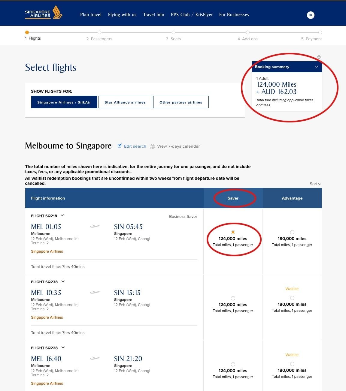 Singapore Airlines Melbourne to Singapore Business Saver award for 124,000 miles + AUD 162.03