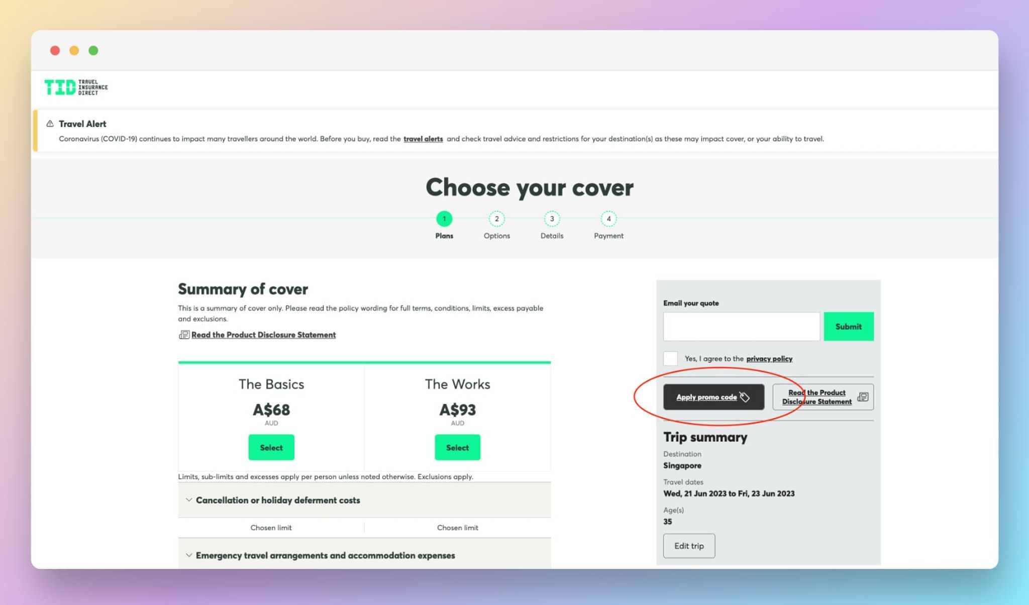 Travel Insurance Direct quote page with the Apply promo code button circled