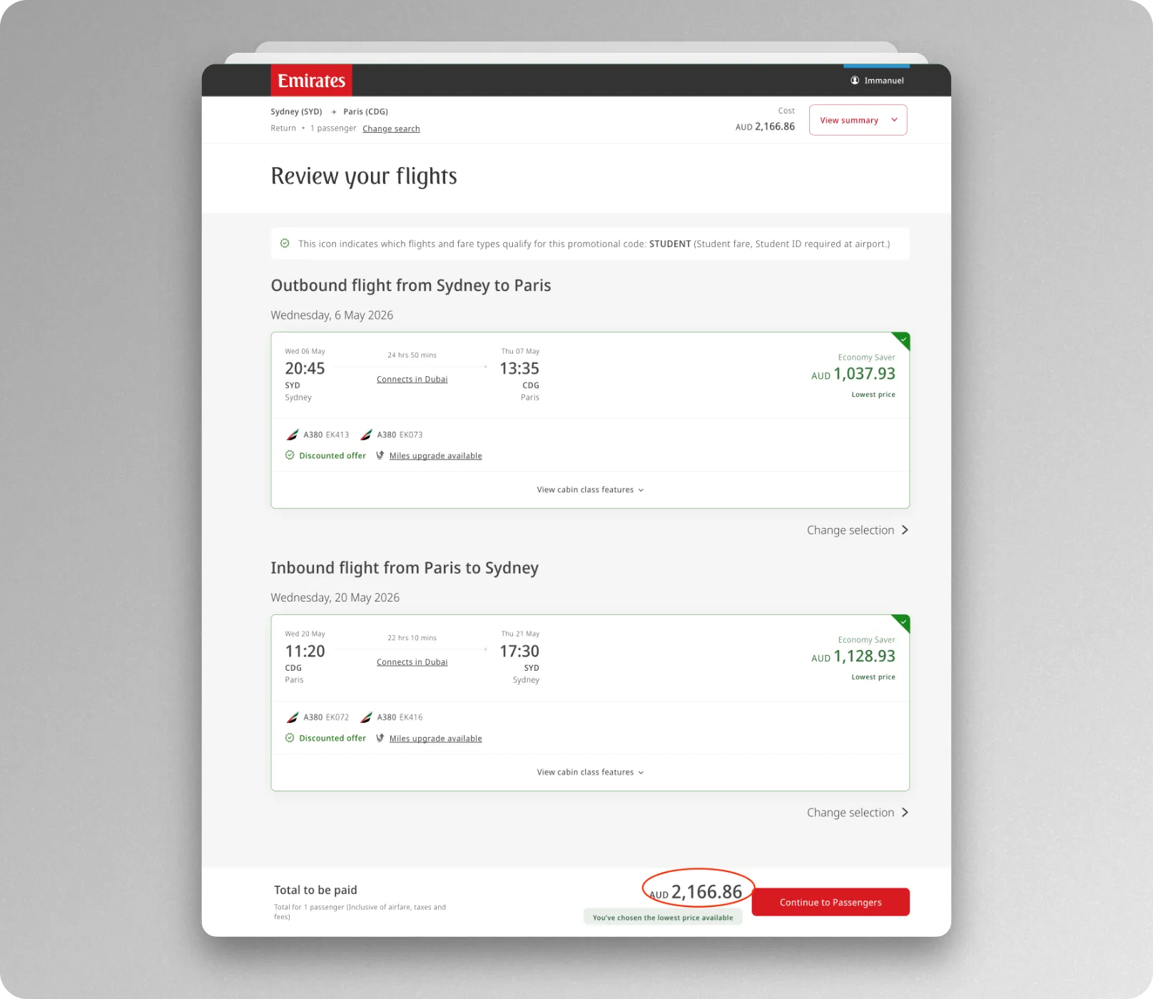 Ticket price after Emirate student discount code is applied