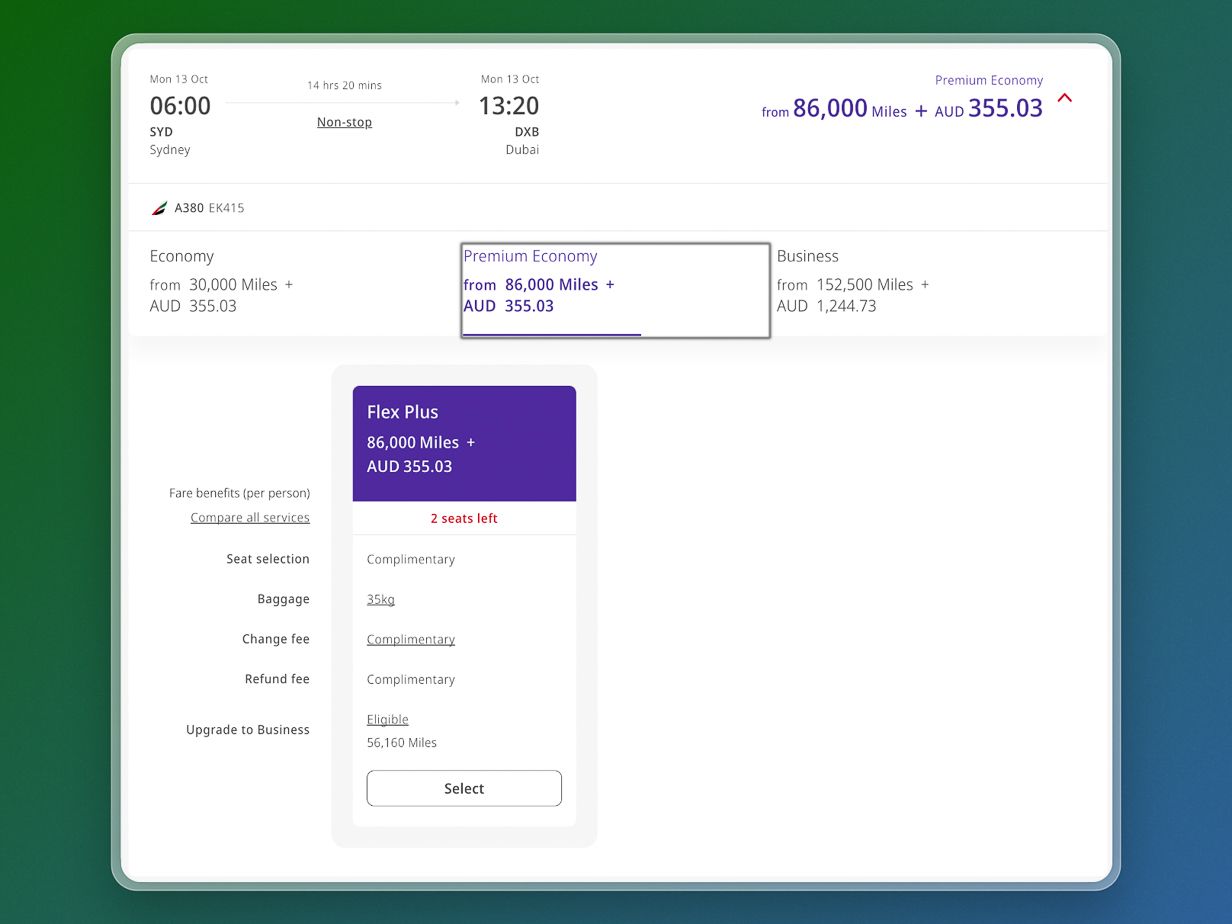Flight Hacks imageEmirates Skywards Premium Economy Redemption SYD-DXB