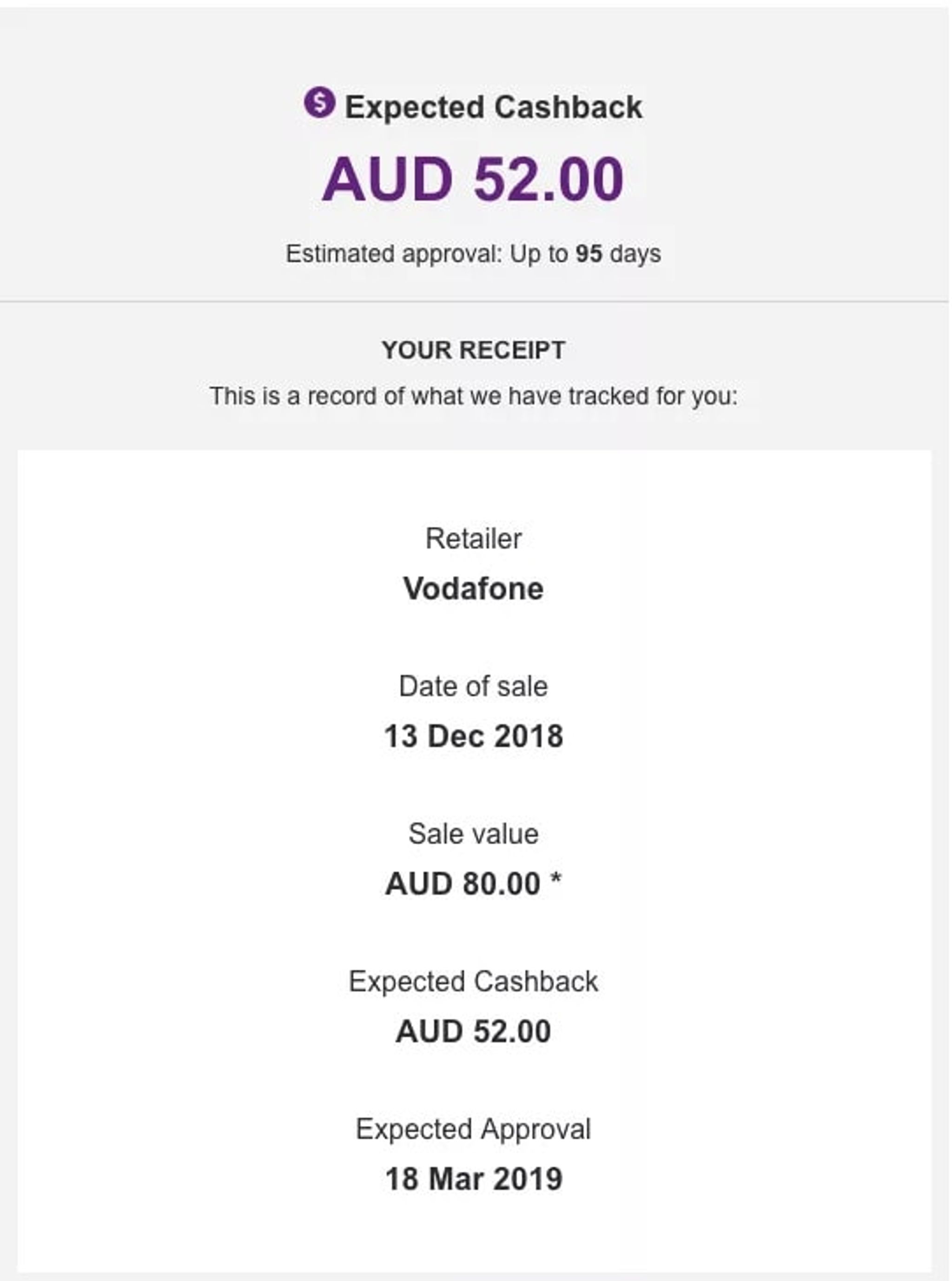 ShopBack cashback receipt for a Vodafone purchase showing expected cashback of $52