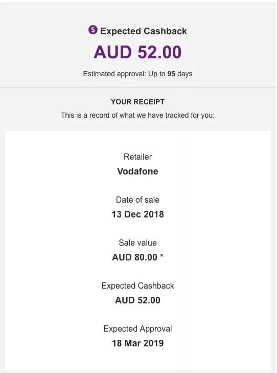 ShopBack cashback receipt for a Vodafone purchase showing expected cashback of $52
