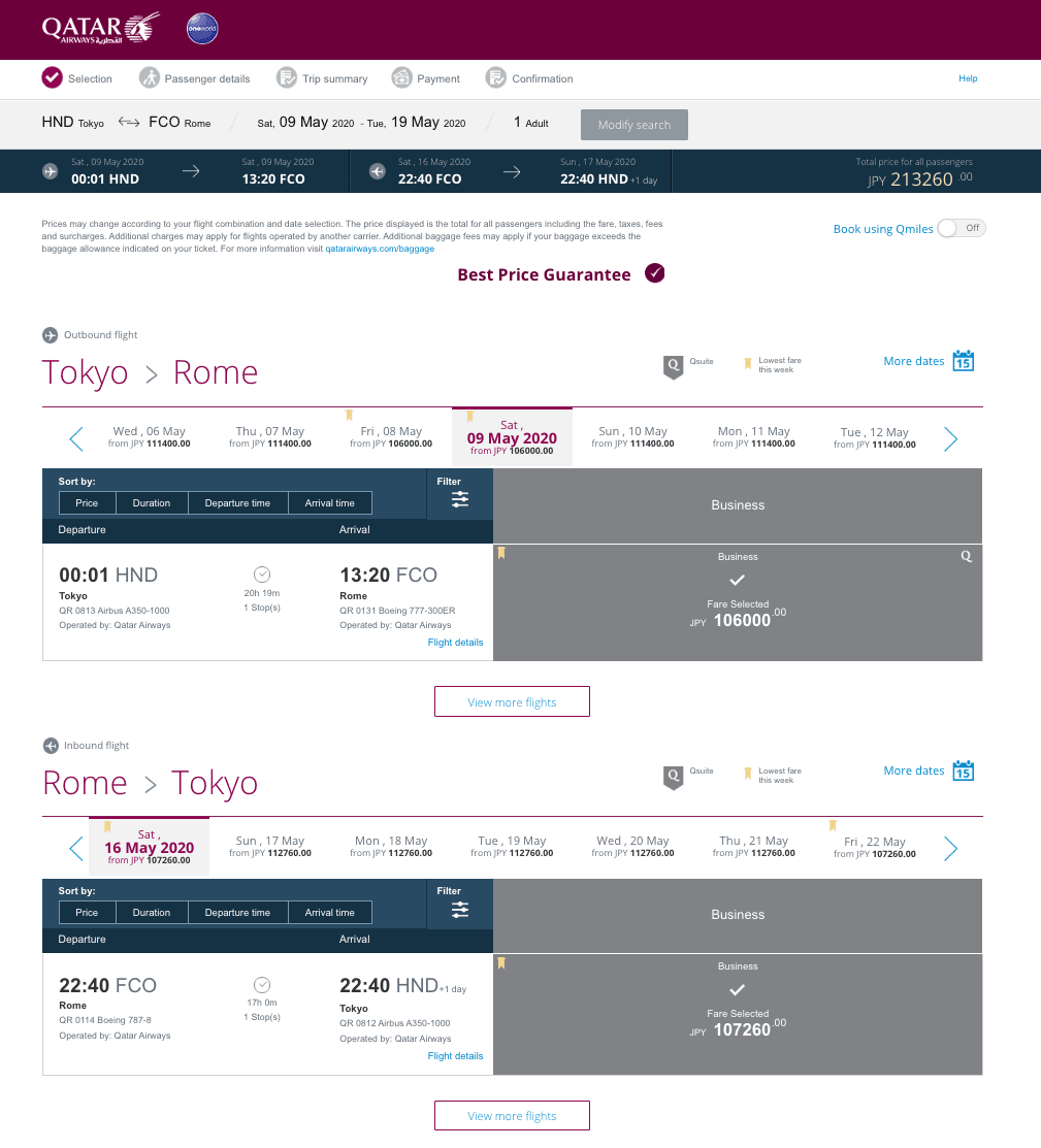 Qatar Airways business class fares from Tokyo Haneda to Rome priced in yen