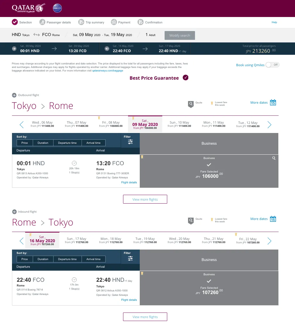 Qatar Airways business class fares from Tokyo Haneda to Rome priced in yen