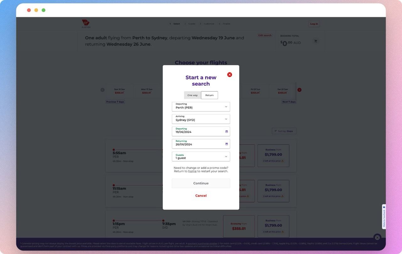 Virgin Australia start a new search pop-up for editing flight details