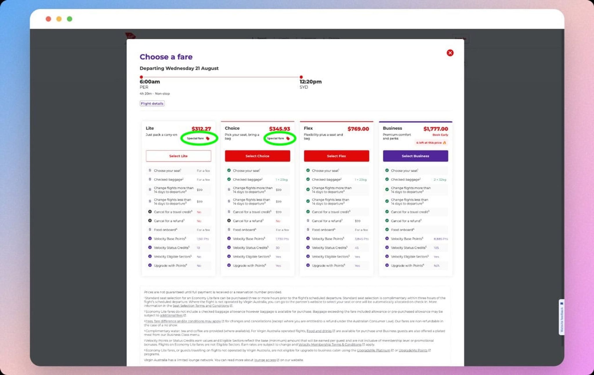 Virgin Australia fare selection with special fare tags circled