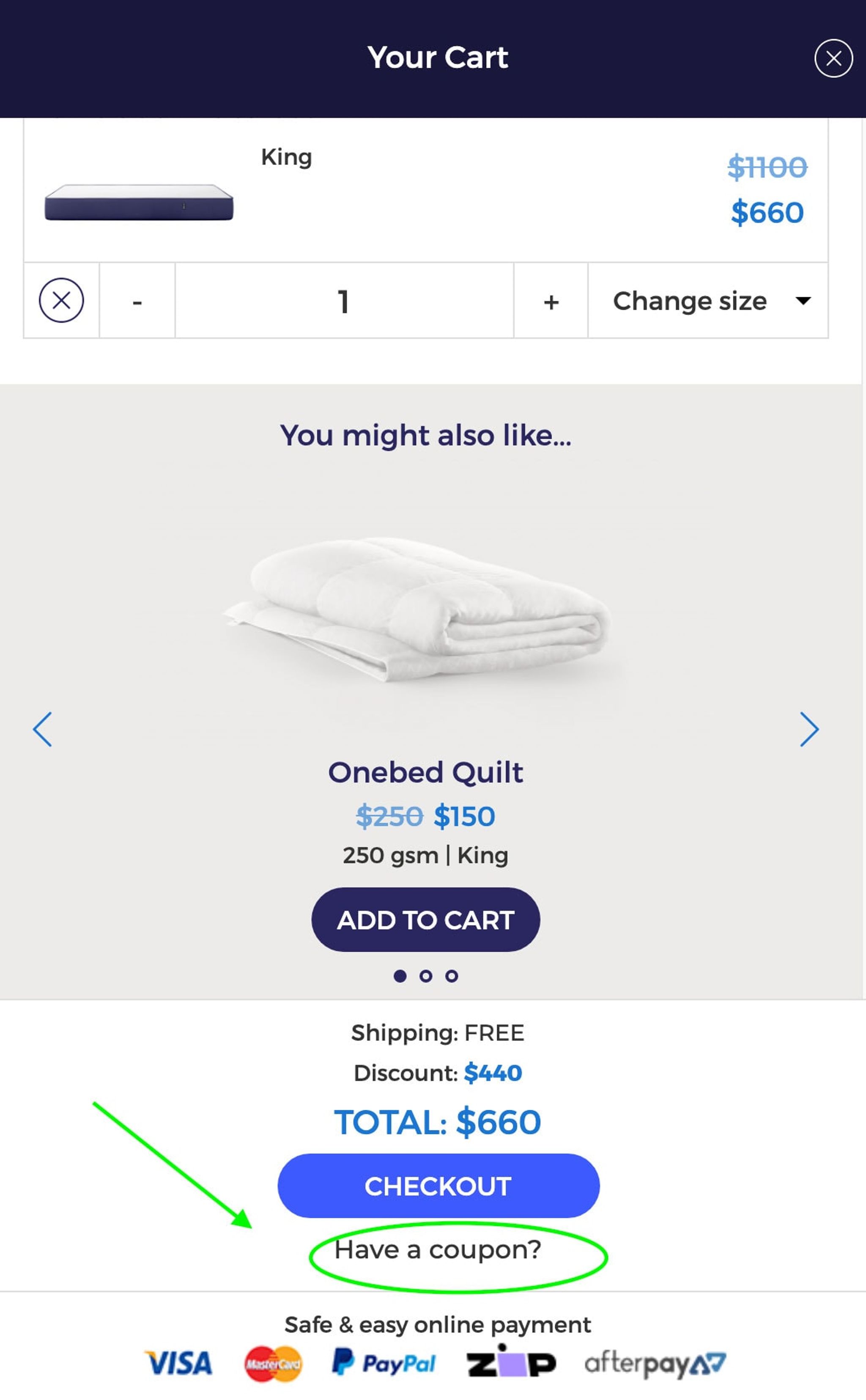 Onebed mattress cart with the Have a coupon link circled