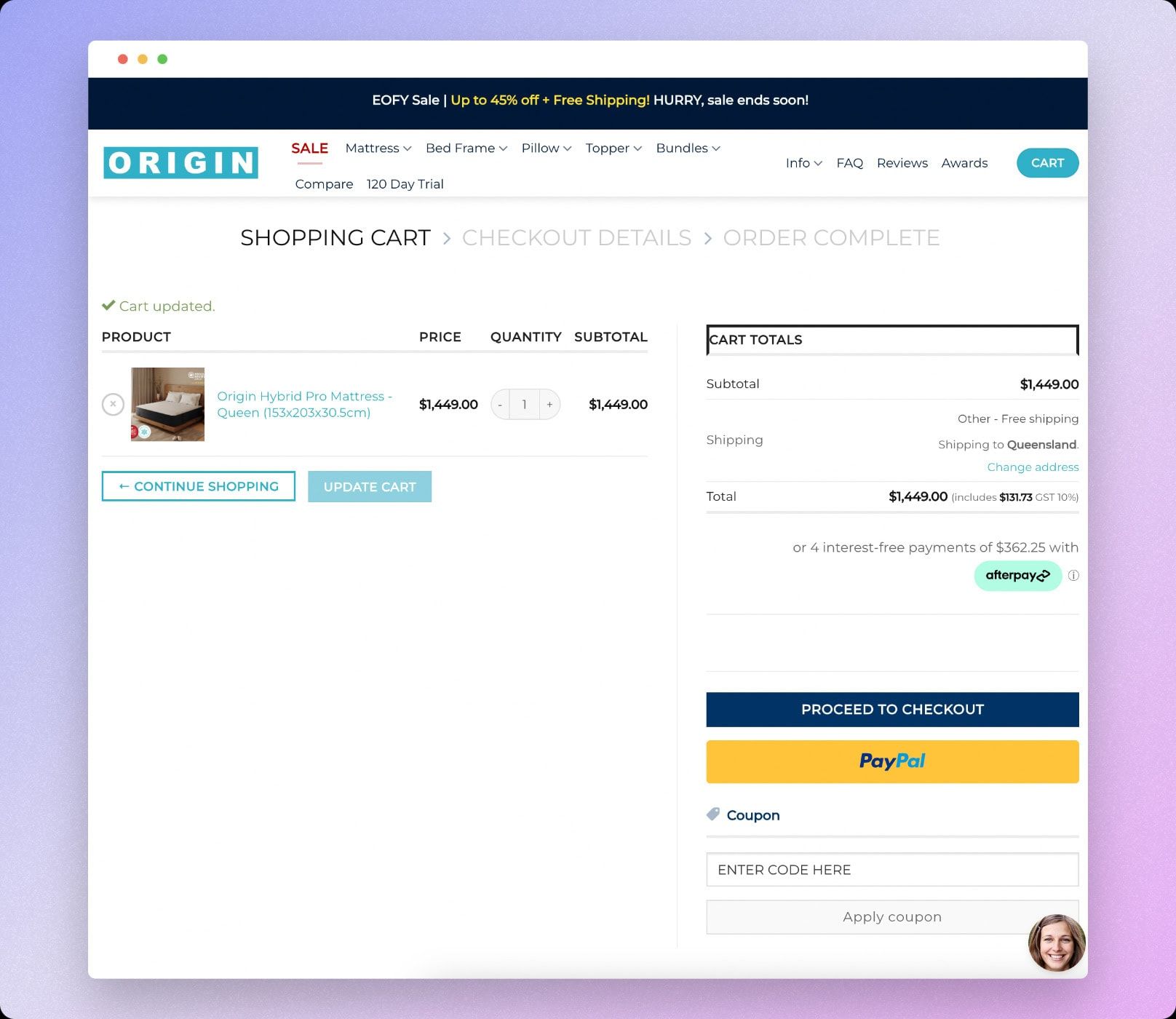 Origin mattress shopping cart with the coupon field