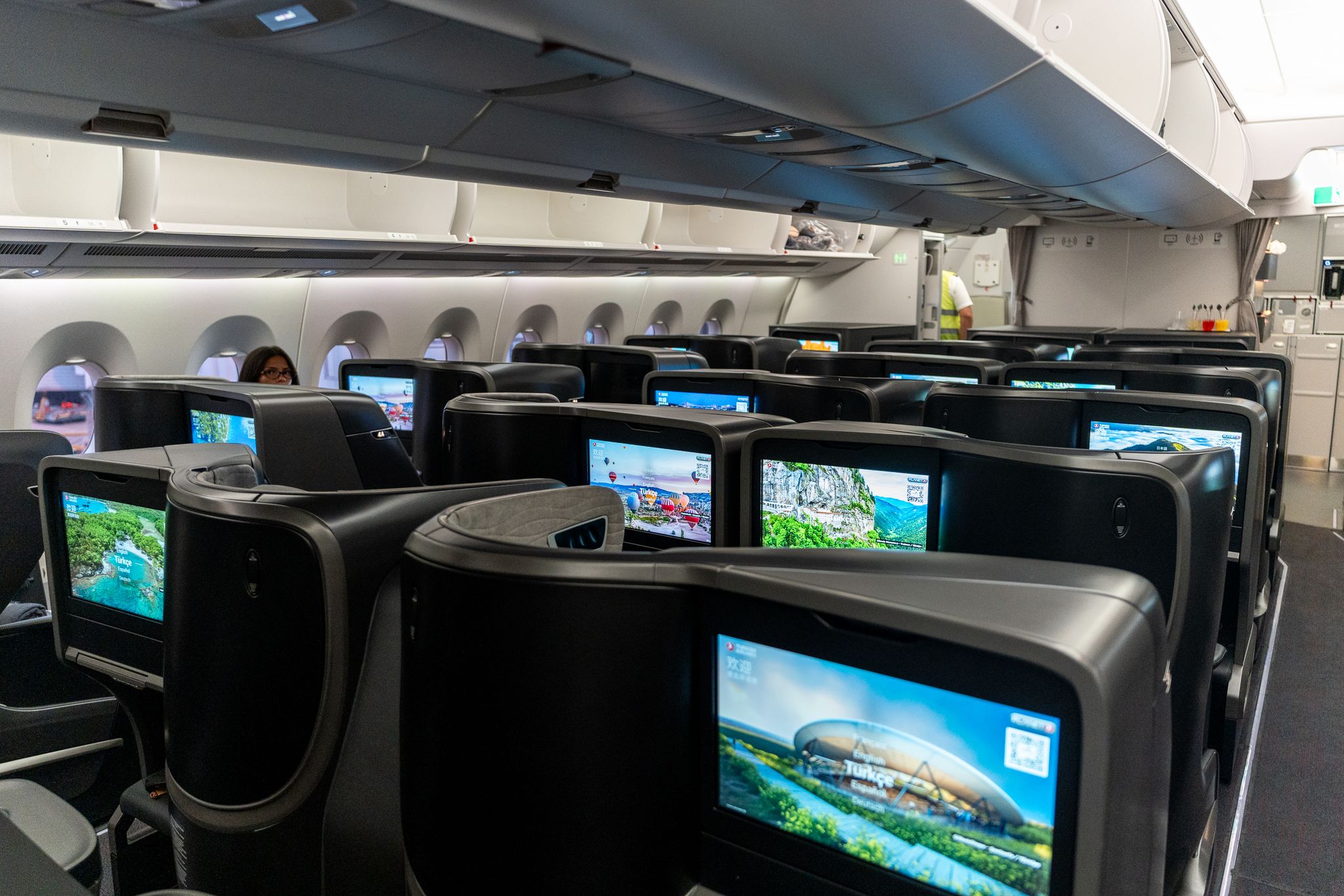 Turkish Airlines A350 business class cabin with seatback screens