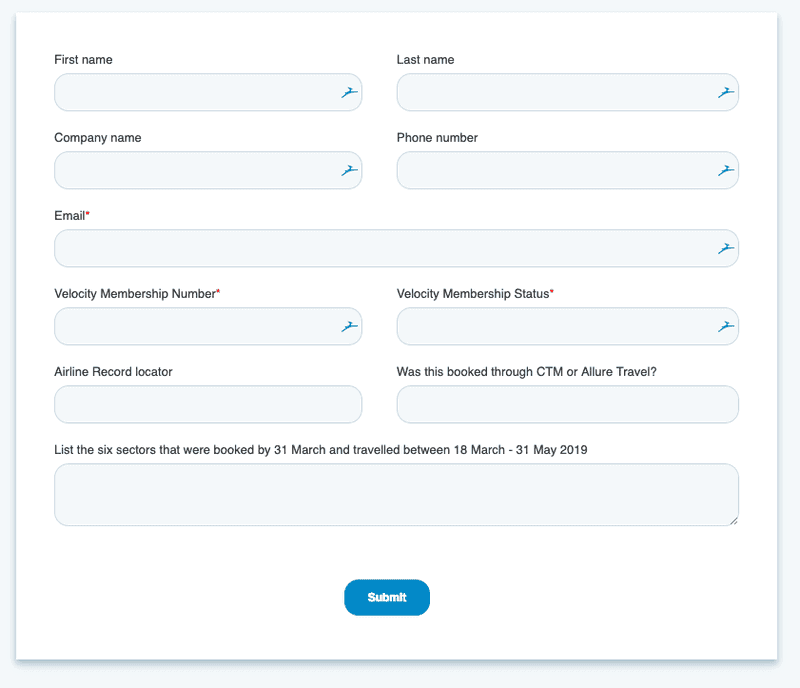 Velocity status claim form asking for membership details and the six booked sectors