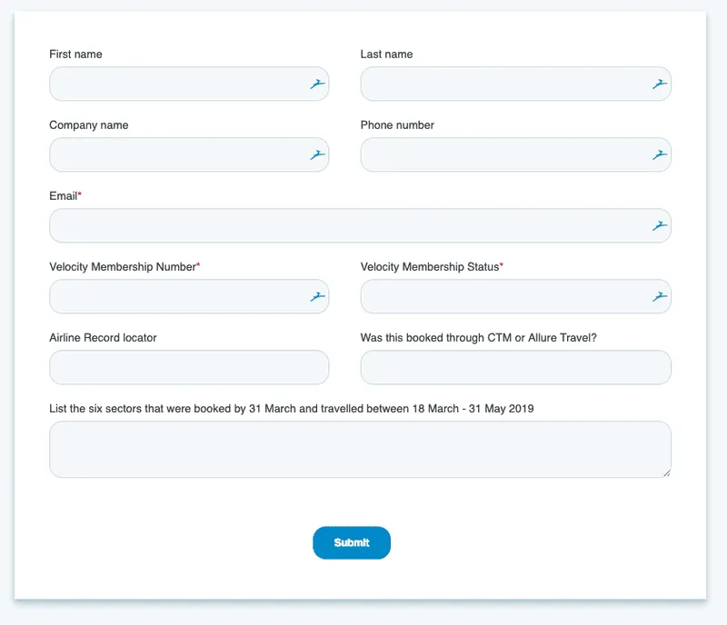 Velocity status claim form asking for membership details and the six booked sectors