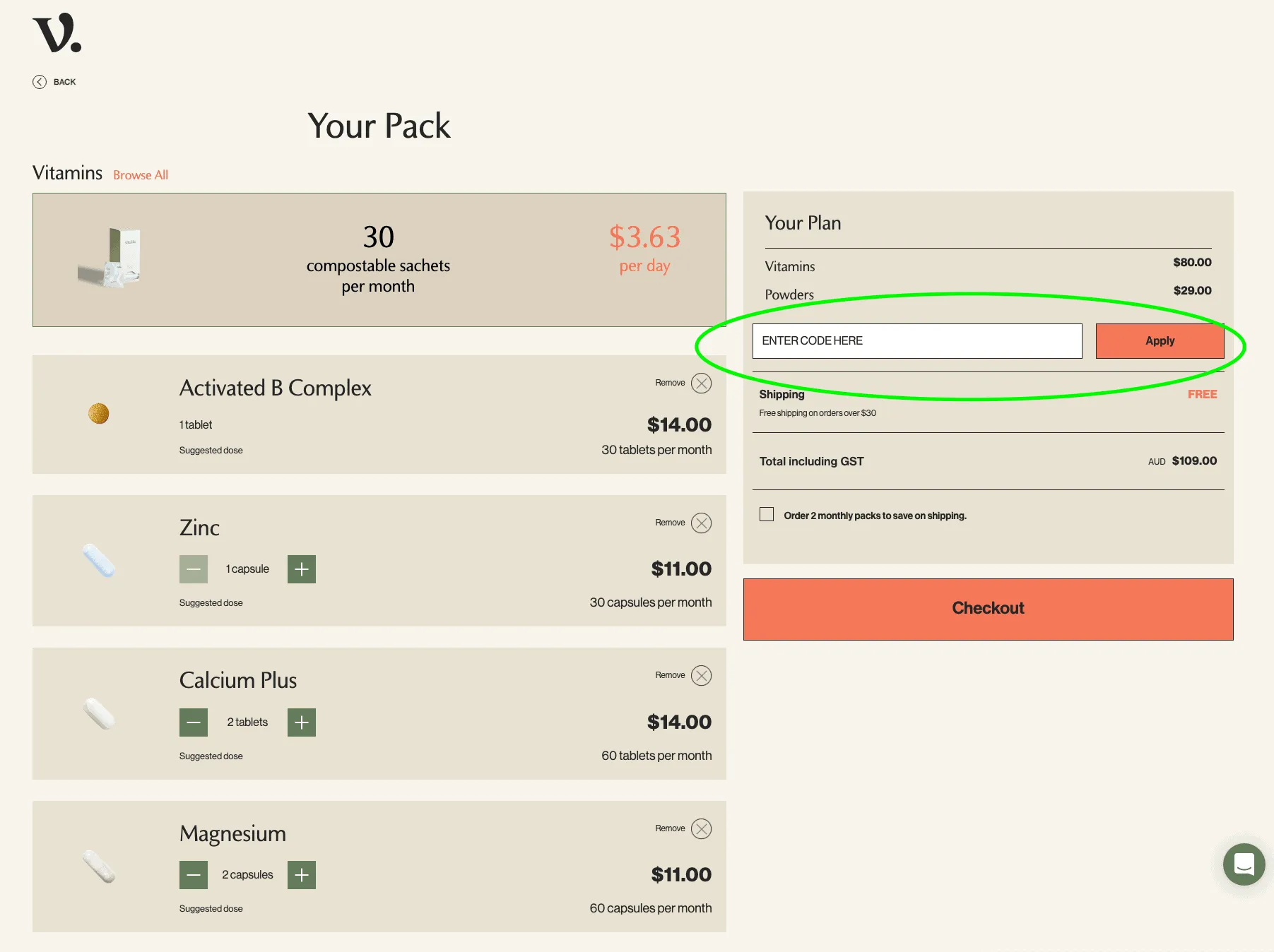 Vitable checkout with the discount code field circled