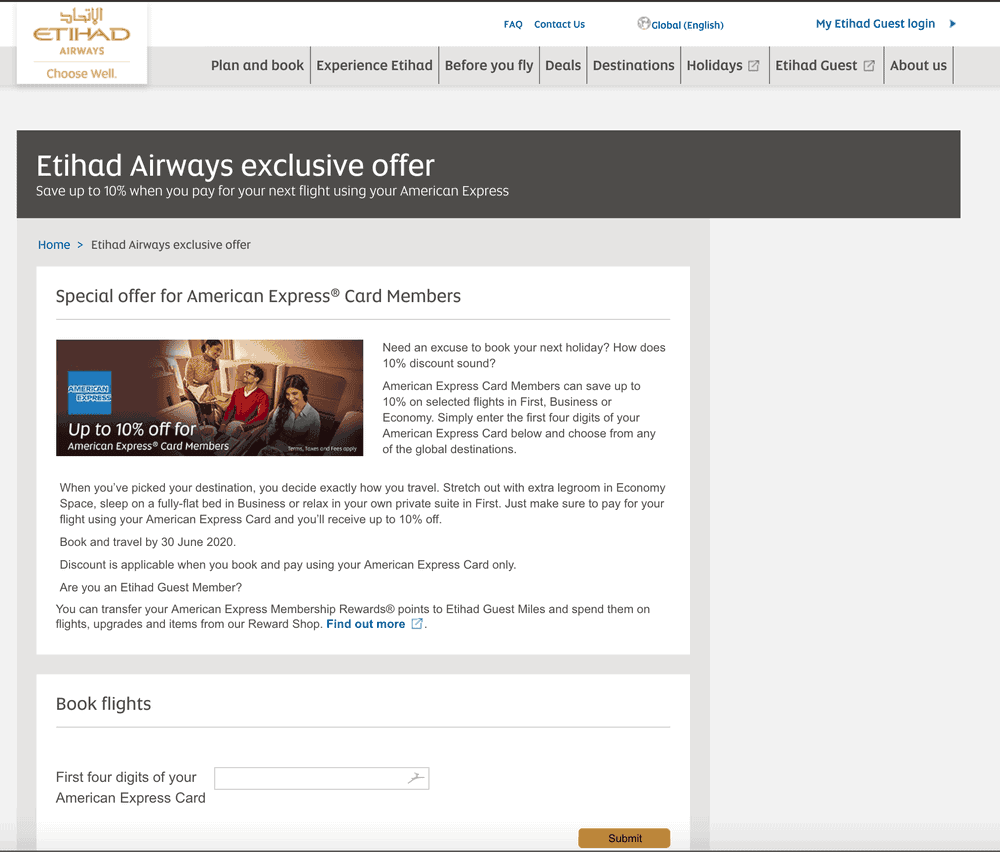 Etihad Airways page offering American Express Card Members up to 10% off flights