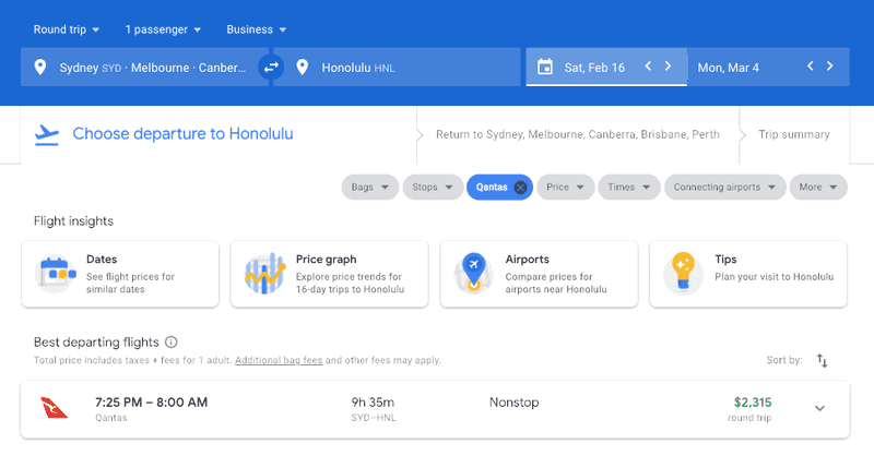 Google Flights results for Qantas business class Sydney to Honolulu at $2,315 return