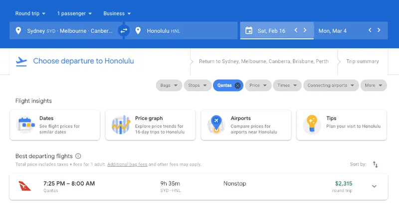 Google Flights results for Qantas business class Sydney to Honolulu at $2,315 return