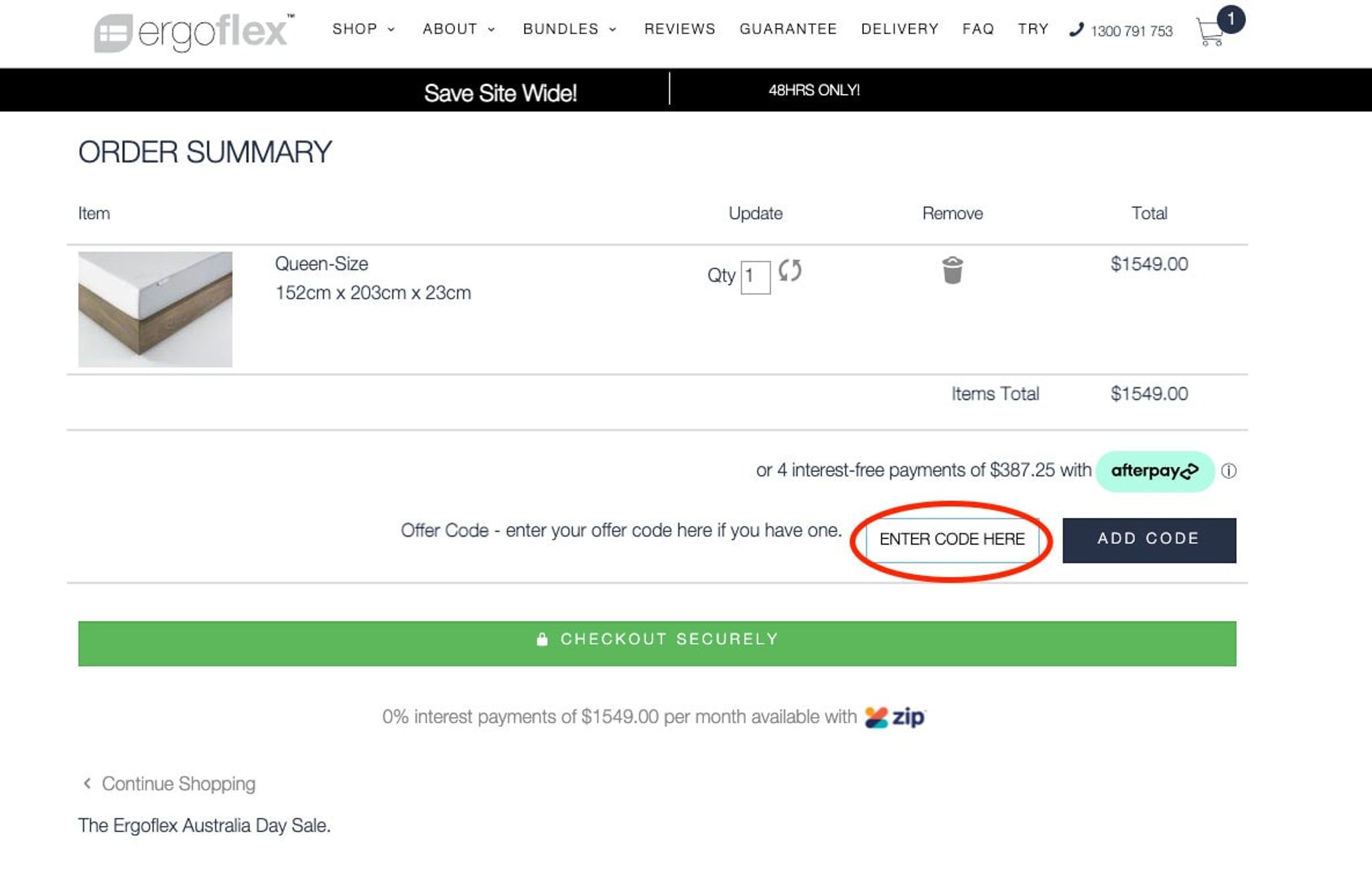 Ergoflex order summary with the offer code field circled