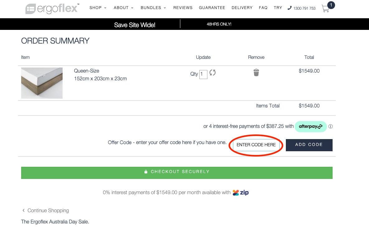 Ergoflex order summary with the offer code field circled