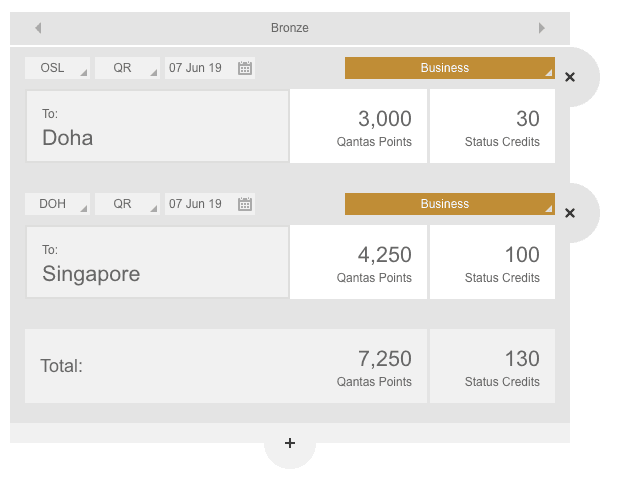 Qantas points calculator showing Qatar Airways business class Oslo to Singapore earning 7,250 points and 130 status credits